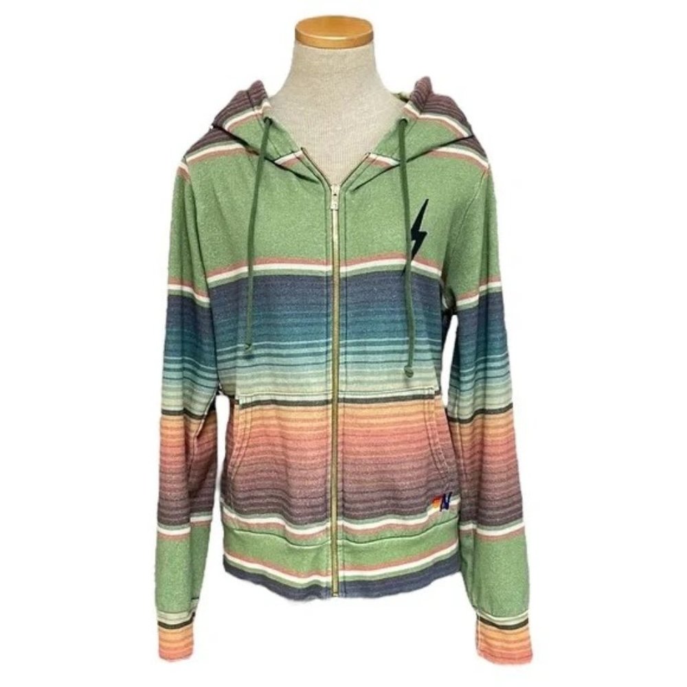 Aviator Nation Sweatshirt Hoodie Green Stripes Serape Bolt Stitch Size Large